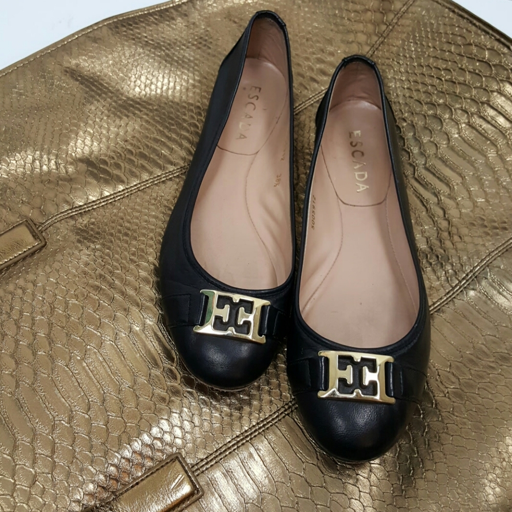 Escada Logo black flats ballet leather shoes women size 38.5